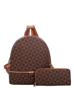 2In1 Smooth Checker Backpack Wallet Set 007-7285W BROWN